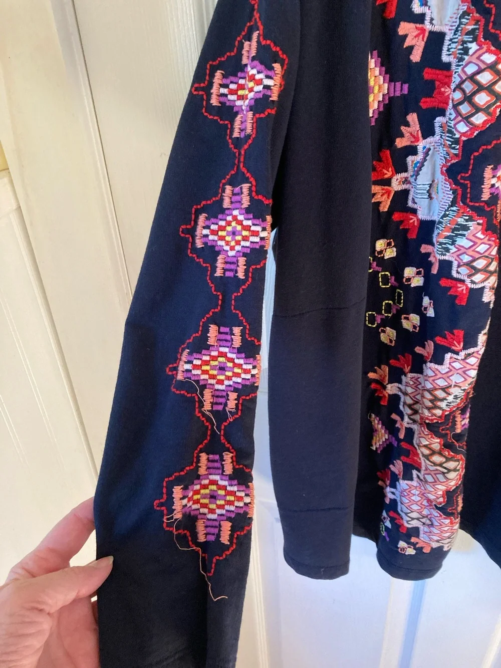 Lucky Brand Navy Cardigan with Multicolor Geometric Embroidery - Picture 5 of 11
